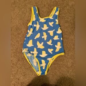 Mini boden sz 7/8 Blue Swimsuit with Bird Print